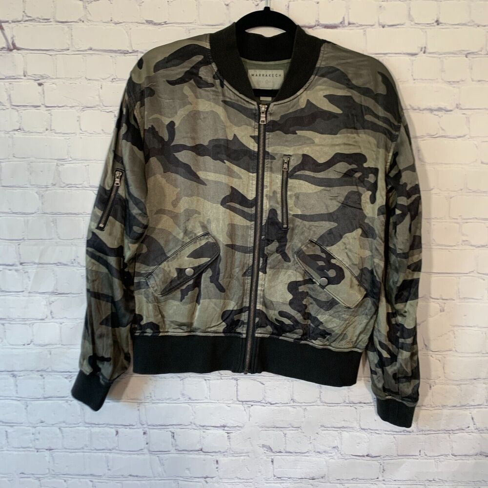 Anthropologie Marrakech Full Zip Satin Camoflauge Bomber Jacket Size Small